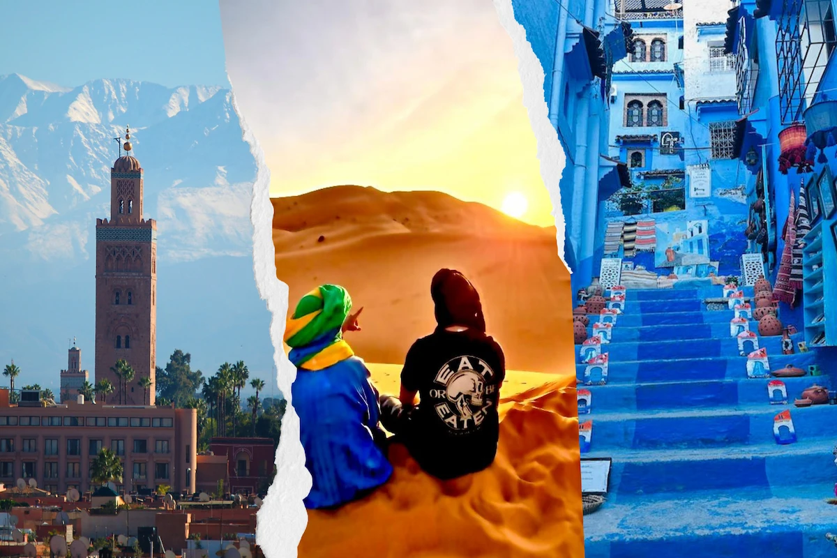 Morocco travel collage – Sunset view in the desert and blue streets of Chefchaouen